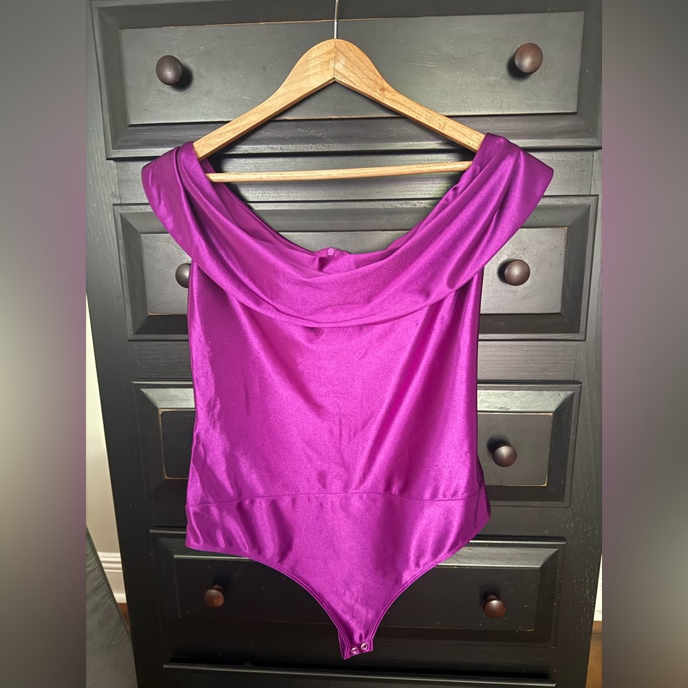 Express Purple Bodysuit One Piece with Off-Shoulder Design